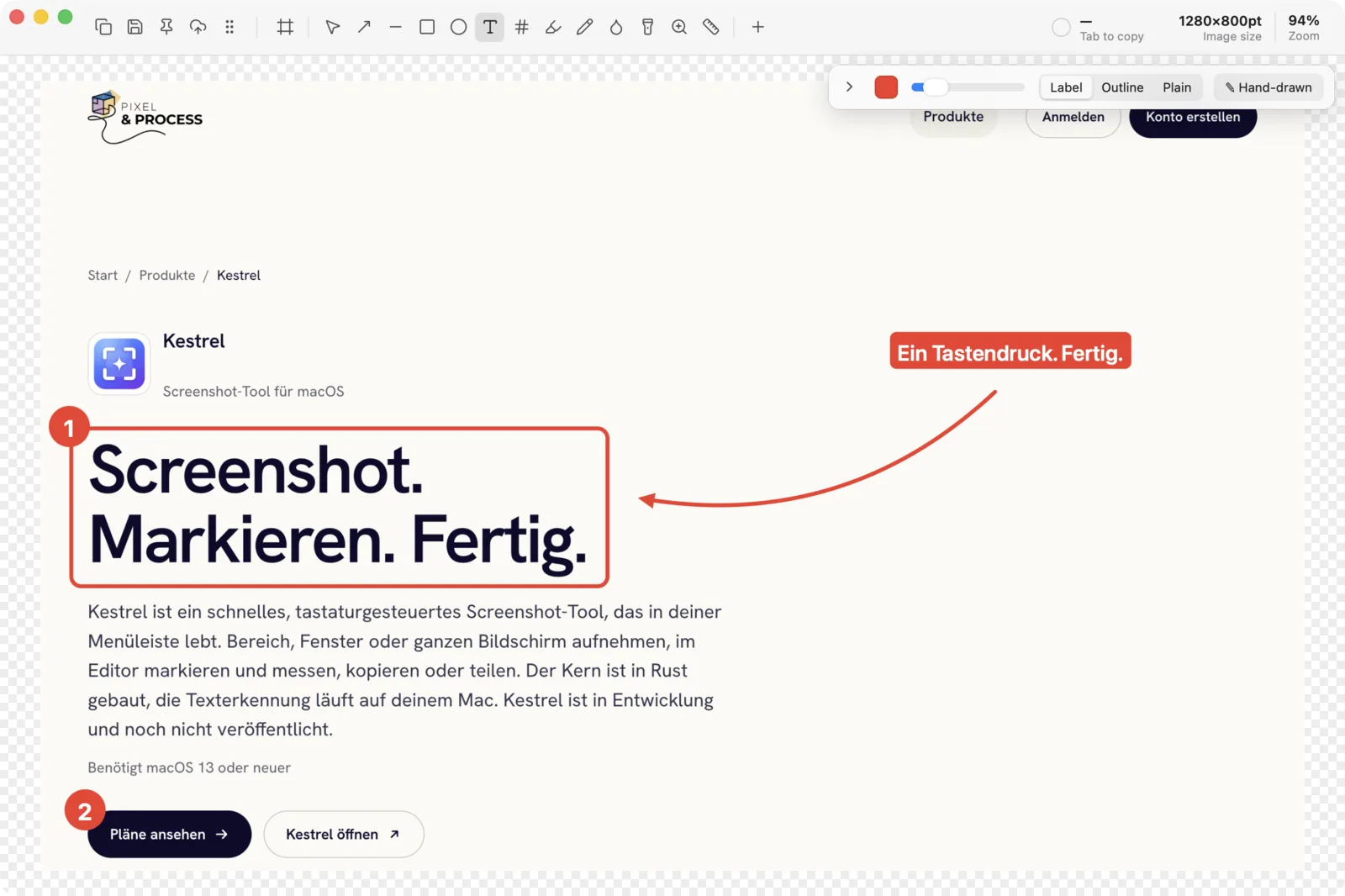 The Kestrel editor: a web page with a red box around the headline, a counter badge, a curved arrow and a text label, with the tool bar at the top.
